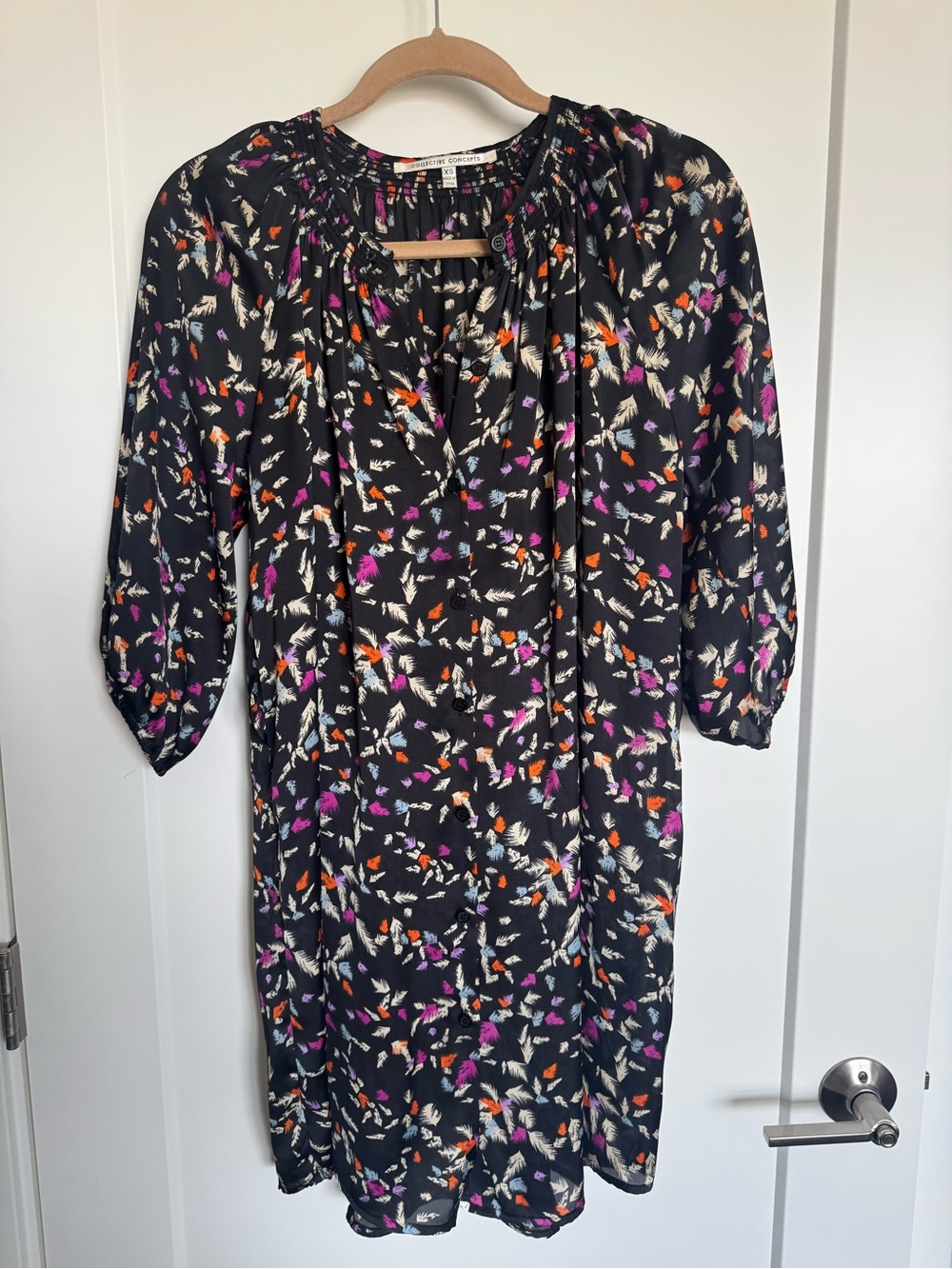 Collective Concepts Black Floral Mini Dress with Purple & Orange Print